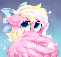 Size: 1461x1369 | Tagged: safe, artist:mirtash, oc, oc only, oc:bay breeze, species:pegasus, species:pony, blushing, bow, ear fluff, female, grooming, hair bow, heart eyes, mare, preening, solo, wing noms, wingding eyes