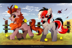 Size: 2449x1632 | Tagged: safe, artist:mirtash, rcf community, character:autumn blaze, oc, oc:rifey, species:bird, species:chicken, species:earth pony, species:kirin, species:pony, chest fluff, chick, cute, duo, female, fence, mare