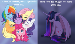Size: 3400x2000 | Tagged: safe, artist:silbersternenlicht, character:applejack, character:fluttershy, character:pinkie pie, character:rainbow dash, character:rarity, character:twilight sparkle, character:twilight sparkle (alicorn), species:alicorn, species:pony, episode:the last problem, g4, my little pony: friendship is magic, crying, immortality blues, mane six, older, older twilight, princess twilight 2.0, sad, thick eyebrows, this already ended in death, this already ended in pain, twilight will outlive her friends