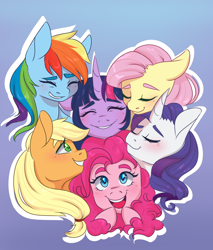 Size: 1700x2000 | Tagged: safe, artist:silbersternenlicht, character:applejack, character:fluttershy, character:pinkie pie, character:rainbow dash, character:rarity, character:twilight sparkle, species:earth pony, species:pegasus, species:pony, species:unicorn, blushing, eyes closed, mane six, open mouth