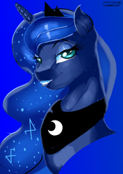 Size: 3508x4961 | Tagged: safe, artist:skyart301, artist:skyline19, character:princess luna, species:pony, blue background, bust, female, grin, looking at you, simple background, smiling, solo