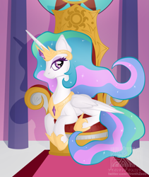 Size: 1159x1374 | Tagged: safe, artist:virenth, character:princess celestia, species:alicorn, species:pony, female, jewelry, looking at you, prone, regalia, solo, throne, throne room, watermark