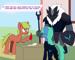 Size: 3535x2815 | Tagged: safe, artist:chedx, species:earth pony, species:pony, comic:kingdom fall, alternate history, alternate timeline, clothing, cropped, enlistment, paper, parallel universe, signed, stare, storm army, storm guard, sweat, uniform