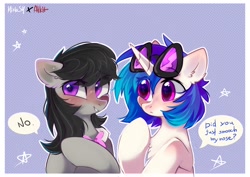 Size: 1818x1290 | Tagged: safe, artist:angryroru, artist:mirtash, character:dj pon-3, character:octavia melody, character:vinyl scratch, species:earth pony, species:pony, species:unicorn, ship:scratchtavia, blatant lies, blushing, chest fluff, collaboration, cute, dialogue, duo, ear fluff, female, implied kissing, lesbian, mare, nervous, shipping, speech bubble, sweat, tavibetes, vinylbetes