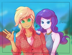 Size: 2048x1582 | Tagged: safe, artist:noupu, character:applejack, character:rarity, ship:rarijack, my little pony:equestria girls, female, lesbian, looking at you, shipping, sleeveless