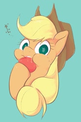 Size: 859x1292 | Tagged: safe, artist:noupu, character:applejack, species:earth pony, species:pony, apple, cute, female, food, jackabetes, looking at you, mare, solo