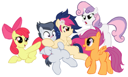Size: 4137x2500 | Tagged: safe, artist:edcom02, character:apple bloom, character:rumble, character:scootaloo, character:sweetie belle, oc, oc:mayday parker sparkle, parent:peter parker, parent:twilight sparkle, parents:spidertwi, species:earth pony, species:pegasus, species:pony, species:unicorn, blushing, colt, crossover, female, filly, male, offspring, rumble gets all the fillies, simple background, straight, transparent background