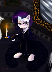 Size: 4550x6300 | Tagged: safe, artist:darksly, character:rarity, species:pony, species:unicorn, black dress, candle, clothing, crossover, dress, eyeshadow, female, goth, jewelry, looking at you, magic, makeup, morticia addams, pendant, solo, telekinesis, the addams family