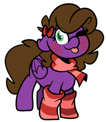 Size: 2611x3000 | Tagged: safe, artist:befishproductions, oc, oc only, oc:befish, species:pegasus, species:pony, 2020 community collab, derpibooru community collaboration, blep, clothing, female, heart eyes, looking at you, one eye closed, scarf, simple background, socks, solo, striped socks, tongue out, transparent background, wingding eyes, wink