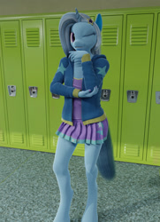 Size: 2080x2880 | Tagged: safe, artist:stellarator, character:trixie, species:anthro, species:pony, species:unguligrade anthro, species:unicorn, 3d, blender, camisole, clothing, cycles, equestria girls outfit, female, hair ornament, hoodie, lockers, looking at you, mare, miniskirt, not sfm, one eye closed, pleated skirt, skirt, solo, tank top, wink