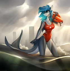 Size: 1600x1613 | Tagged: safe, artist:tomatocoup, oc, oc:erika, species:anthro, species:plantigrade anthro, species:pony, barely pony related, beach, clothing, cloud, ear piercing, female, lifeguard, mare, monster mare, ocean, one-piece swimsuit, original species, pale belly, piercing, shark, shark pony, smiling, solo, swimsuit, tail piercing