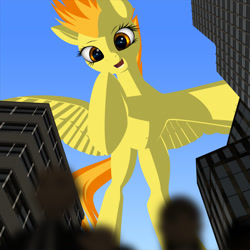 Size: 1634x1634 | Tagged: safe, artist:styroponyworks, part of a set, character:spitfire, species:pegasus, species:pony, city, female, giant pegasus, giant pony, giant/macro spitfire, looking down, macro, open mouth, part of a series, solo