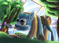 Size: 1751x1284 | Tagged: safe, artist:firefanatic, oc, oc only, species:earth pony, species:pony, cloud, digital painting, dirty, flower pot, gardening, glasses, greenhouse, mouth hold, mud, rose bush, saddle bag, seeds, sun, tree, trowel, tulip, weeping willow