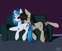 Size: 2700x2250 | Tagged: safe, artist:styroponyworks, character:dj pon-3, character:octavia melody, character:vinyl scratch, species:pony, ship:scratchtavia, couch, female, lesbian, shipping