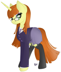 Size: 895x1065 | Tagged: safe, artist:virenth, oc, oc only, oc:hime cut, species:pony, species:unicorn, business suit, businessmare, clothing, female, garters, glasses, looking at you, secretary, simple background, skirt, solo, standing, stockings, suit, thigh highs, transparent background