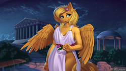 Size: 1920x1080 | Tagged: safe, artist:discordthege, artist:helemaranth, oc, oc only, oc:lightly breeze, species:anthro, species:pegasus, species:pony, anthro oc, beautiful, beautisexy, chest fluff, cleavage fluff, clothing, female, flower, flower in hair, greek, mare, night, outdoors, parthenon, solo, toga