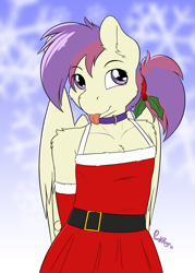 Size: 2000x2800 | Tagged: safe, artist:punk-pegasus, oc, oc only, oc:evensong, species:anthro, species:pegasus, species:pony, anthro oc, belt, christmas, clothing, collar, costume, female, holiday, holly, mare, ponytail, santa costume, solo, tongue out
