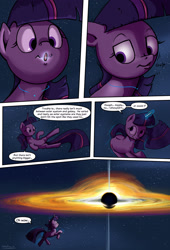 Size: 1920x2816 | Tagged: safe, artist:shieltar, part of a set, character:twilight sparkle, character:twilight sparkle (unicorn), species:pony, species:unicorn, comic:giant twilight, accretion disk, black hole, comic, cute, dialogue, female, giant pony, giantess, glowing horn, growth, gulp, horn, macro, magic, mare, nom, part of a series, pony bigger than a planet, pony bigger than a solar system, pony bigger than a star, signature, size difference, solar system, solo, space, stars, teleportation, this will end in spaghettification, twiabetes