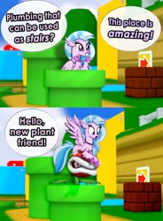 Size: 766x1043 | Tagged: safe, artist:pika-robo, character:silverstream, 2 panel comic, 2.5d, 3d, comic, crossover, pipe (plumbing), piranha plant, silverstream does loves indoor plumbing, source filmmaker, stairs, super mario 3d land, super mario bros., that hippogriff sure does love indoor plumbing, that hippogriff sure does love stairs, too dumb to live, warp pipe