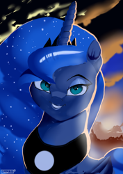 Size: 3508x4961 | Tagged: safe, artist:skyart301, artist:skyline19, character:princess luna, species:alicorn, species:pony, bust, cloud, female, looking at you, mare, portrait, sky, solo