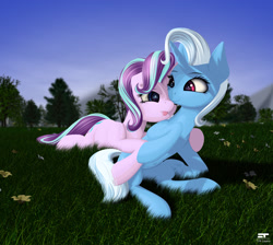 Size: 1425x1275 | Tagged: safe, artist:styroponyworks, character:starlight glimmer, character:trixie, species:pony, species:unicorn, ship:startrix, female, flower, grass, lesbian, shipping, tongue out, tree
