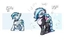 Size: 4000x2500 | Tagged: safe, artist:krd, oc, oc:misty (krd), species:earth pony, species:pony, bell, bell collar, bimboification, blue eyeshadow, blue hair, blue lipstick, boots, bracelet, chest fluff, clothing, collar, dialogue, ear piercing, earring, eyeliner, eyeshadow, female, fluffy, hair, high heels, high res, jewelry, lipstick, makeup, piercing, puffed chest, quadrupedal, rubber, shoes, socks, solo, stockings, text, thigh highs