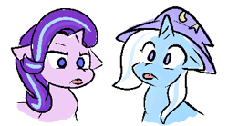 Size: 387x215 | Tagged: safe, artist:zutcha, character:starlight glimmer, character:trixie, species:pony, species:unicorn, blep, cross-eyed, cute, floppy ears, mlem, silly, simple background, tongue out, white background