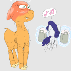 Size: 2880x2880 | Tagged: safe, artist:firefanatic, character:applejack, character:rarity, species:alpaca, species:pony, species:unicorn, angry, gritted teeth, happy, magic, paper bag, pronking, red face, shaved, species swap, stealing, vein bulge, wool