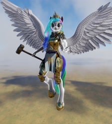 Size: 2880x3200 | Tagged: safe, artist:stellarator, character:princess celestia, species:alicorn, species:anthro, species:pony, species:unguligrade anthro, 3d, armor, blender, cycles, diadem, fantasy class, female, hammer, hipposandals, horn, jewelry, mare, not sfm, regalia, smiling, solo, tiara, turntable, war hammer, warrior, warrior celestia, weapon, wings
