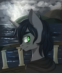 Size: 1700x2000 | Tagged: safe, artist:silbersternenlicht, oc, oc:shadow, species:pony, fanfic:a growing shadow, boat, fanfic, fanfic art, fanfic cover, male, ocean, solo, stallion