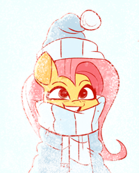 Size: 1284x1605 | Tagged: safe, artist:fluttershythekind, character:fluttershy, species:pegasus, species:pony, bust, clothing, cute, female, grin, hat, looking at you, mare, portrait, scarf, shyabetes, simple background, smiling, snow, snowfall, solo, three quarter view, white background, winter outfit