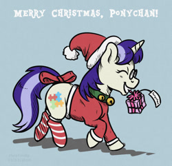 Size: 800x771 | Tagged: safe, artist:haretrinity, oc, oc only, oc:pennychan, species:pony, species:unicorn, bell, bell collar, christmas, clothing, collar, female, hat, holiday, mascot, mouth hold, ponychan, present, santa hat, socks, solo, striped socks