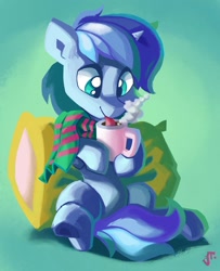 Size: 1280x1576 | Tagged: safe, artist:saxopi, oc, oc only, species:pony, species:unicorn, clothing, cup, pillow, scarf, solo, tongue out