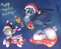 Size: 2633x2137 | Tagged: safe, artist:noupu, character:derpy hooves, character:gabby, species:griffon, species:pegasus, species:pony, christmas, clothing, duo, female, flying, hat, hearth's warming, holiday, mailmare, mare, present, quadrupedal, santa hat, scroll