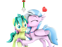 Size: 1280x960 | Tagged: safe, artist:pika-robo, character:sandbar, character:silverstream, species:hippogriff, species:pony, 3d, blushing, christmas, cute, diastreamies, female, frown, heart, holiday, jewelry, kiss on the cheek, kissing, male, mistletoe, necklace, out of context, sandabetes, sandstream, shipping, simple background, source filmmaker, straight, surprise kiss, surprised, teenager, thousand yard stare, transparent background, wide eyes
