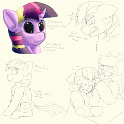 Size: 2750x2750 | Tagged: safe, artist:firefanatic, character:applejack, character:twilight sparkle, character:twilight sparkle (alicorn), species:alicorn, species:pony, alternate design, angry, arm wrestling, cute, horn, sketch, smiling, smug, sparking horn, writing