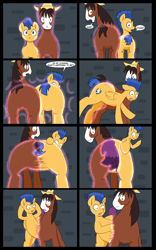 Size: 5000x8000 | Tagged: safe, artist:chedx, commissioner:bigonionbean, writer:bigonionbean, character:flash sentry, character:trouble shoes, oc, oc:fast hooves, species:earth pony, species:pegasus, species:pony, comic:the fusion flashback, butt, clydesdale, comic, confused, flank, forced, fuse, fusion, fusion:fast hooves, large butt, magic, merging, panicking, plot, potion, swelling