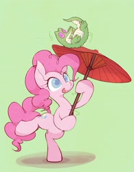 Size: 2059x2634 | Tagged: safe, artist:noupu, character:gummy, character:pinkie pie, species:earth pony, species:pony, alligator, duo, female, green background, hoof hold, male, mare, simple background, umbrella