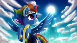 Size: 4800x2700 | Tagged: safe, artist:darksly, character:rainbow dash, species:pegasus, species:pony, alternate hairstyle, clothing, cloud, crepuscular rays, cute, dashabetes, female, goggles, high res, mare, older, older rainbow dash, sky, solo, spread wings, sun, uniform, wings, wonderbolts, wonderbolts uniform