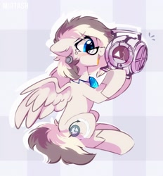 Size: 1926x2076 | Tagged: safe, artist:mirtash, oc, oc only, oc:riley, species:pegasus, species:pony, glasses, hoof hold, looking at something, open mouth, personality core, portal (valve), profile, sitting, spread wings, wings