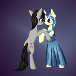 Size: 1100x1100 | Tagged: safe, artist:styroponyworks, character:dj pon-3, character:octavia melody, character:vinyl scratch, species:pony, ship:scratchtavia, alternate hairstyle, blushing, clothing, dress, ear piercing, earring, female, flower, flower in hair, jewelry, lesbian, necklace, piercing, see-through, see-through skirt, shipping, skirt, vinyl class
