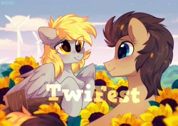 Size: 2048x1448 | Tagged: safe, artist:mirtash, character:derpy hooves, character:doctor whooves, character:time turner, ship:doctorderpy, blushing, calendar, female, fence, flower, looking at each other, male, shipping, signature, smiling, straight, sunflower, twifest, windmill