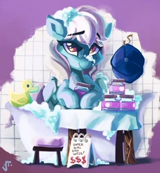 Size: 1280x1385 | Tagged: safe, artist:saxopi, oc, oc only, oc:ice, species:pegasus, species:pony, bath, bathtub, clothing, gamer girl bath water, hat, reference, rubber duck, solo