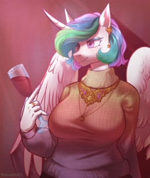 Size: 3290x3898 | Tagged: safe, artist:helemaranth, character:princess celestia, species:alicorn, species:anthro, species:pony, alcohol, alternate hairstyle, big breasts, breasts, clothing, ear piercing, earring, female, glass, jewelry, mare, peytral, piercing, ring, short hair, solo, sweater, wine, wine glass