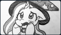 Size: 487x278 | Tagged: safe, artist:zutcha, character:trixie, species:pony, species:unicorn, cropped, female, floppy ears, mare, monochrome, open mouth, sketch, traditional art
