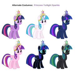Size: 932x858 | Tagged: safe, artist:pika-robo, character:nightmare moon, character:princess cadance, character:princess celestia, character:princess luna, character:queen chrysalis, character:twilight sparkle, character:twilight sparkle (alicorn), species:alicorn, species:pony, big crown thingy, element of magic, female, jewelry, recolor, regalia, simple background, solo, transparent background