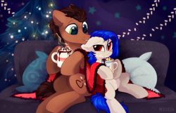 Size: 2489x1606 | Tagged: safe, artist:mirtash, oc, oc only, species:earth pony, species:pony, blanket, chocolate, christmas, christmas lights, christmas tree, couch, cushion, duo, female, floppy ears, food, holiday, hot chocolate, looking at each other, male, oc x oc, shipping, sitting, smiling, steam, straight, tree