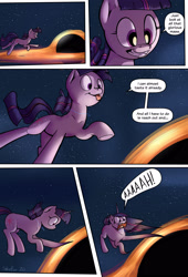 Size: 1920x2816 | Tagged: safe, artist:shieltar, part of a set, character:twilight sparkle, character:twilight sparkle (unicorn), species:pony, species:unicorn, comic:giant twilight, accretion disk, black hole, comic, cute, dialogue, female, giant pony, giantess, horn, macro, mare, part of a series, pony bigger than a planet, pony bigger than a solar system, pony bigger than a star, signature, size difference, solo, space, stars, this will end in spaghettification, too dumb to live, twiabetes