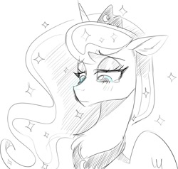 Size: 960x912 | Tagged: safe, artist:kaikururu, character:princess luna, species:alicorn, species:pony, bust, chest fluff, female, lidded eyes, looking down, mare, monochrome, partial color, peytral, portrait, sad, sketch, solo, teary eyes, three quarter view, wings