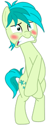 Size: 971x2500 | Tagged: safe, artist:jawsandgumballfan24, artist:optimusv42, edit, character:sandbar, species:earth pony, species:pony, bipedal, blushing, covering, covering crotch, embarrassed, embarrassed nude exposure, male, naked rarity, nudity, simple background, solo, teenager, transparent background, we don't normally wear clothes